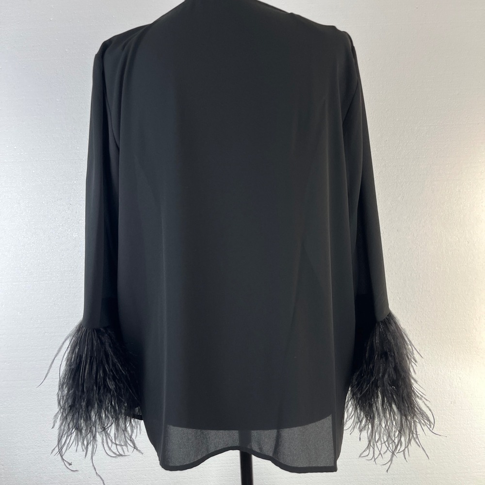 Vince Camuto Black Feather Trim Bell Sleeve Sheer Blouse Size Medium Whimsigoth - Picture 4 of 9